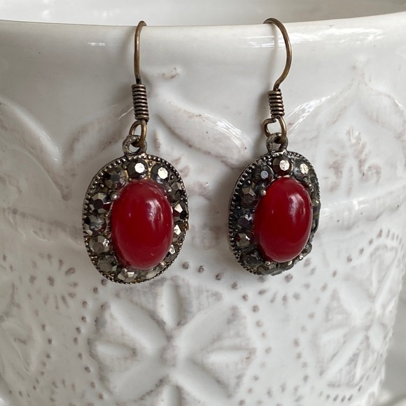 Ruby Red Marcasite SS Drop Earrings with Austrian Crystals Retro Glam Crimson - Picture 5 of 16